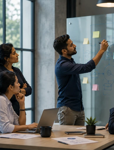 NebulaTech team collaborating at a glass wall covered in sticky notes during planning