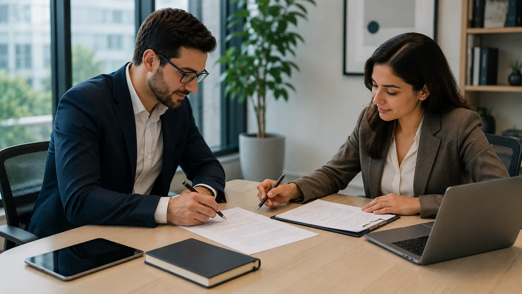 Client and consultant reviewing intellectual property ownership contract documents