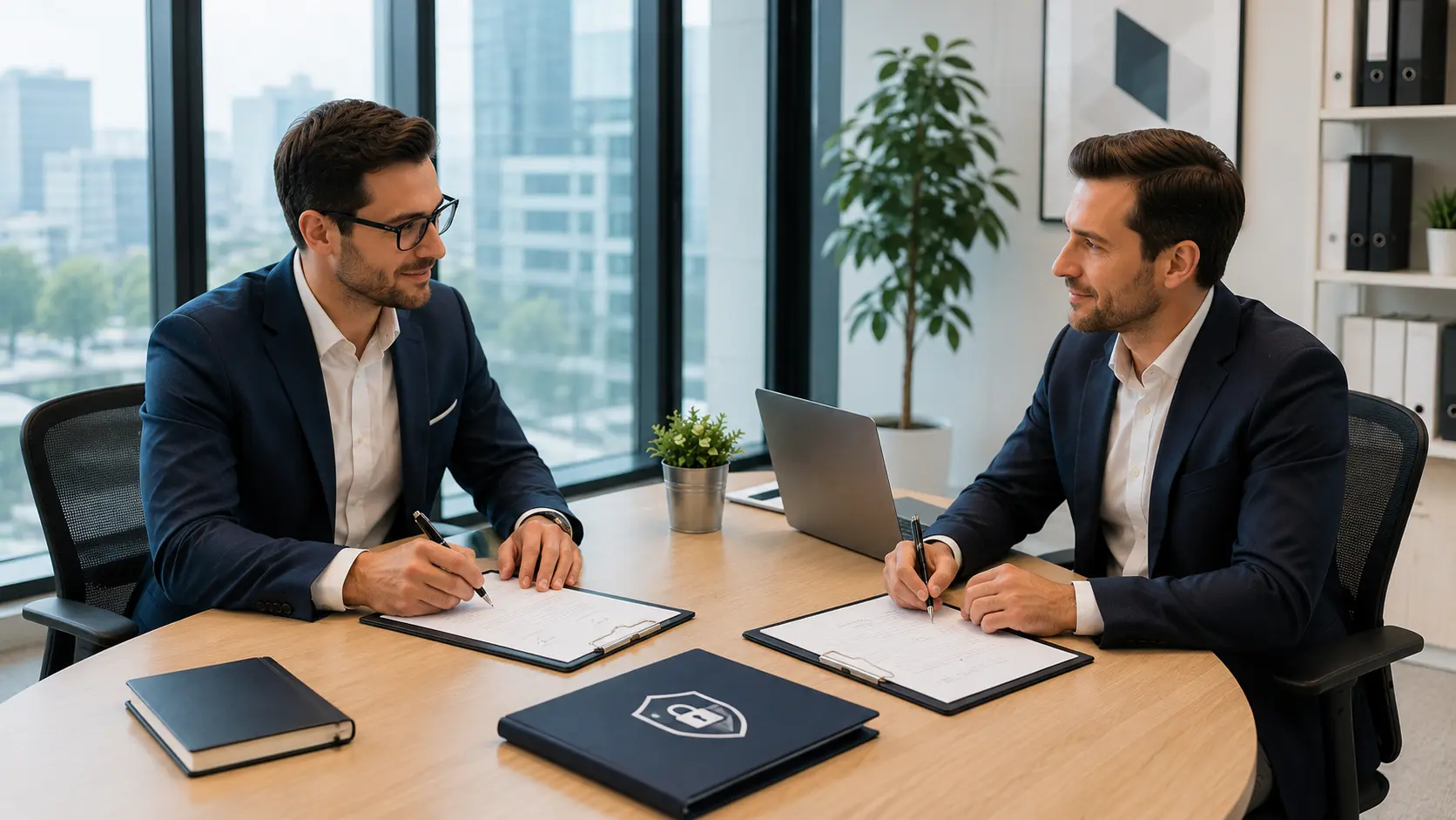 Business professionals reviewing NDA protection documents at a meeting table