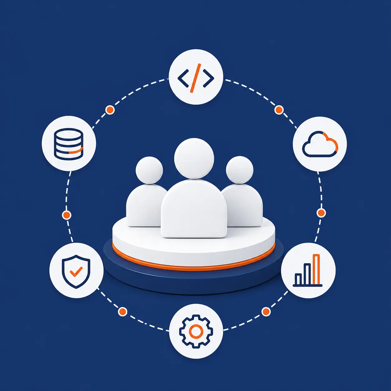 Illustration of a vetted engineering team surrounded by technology discipline icons