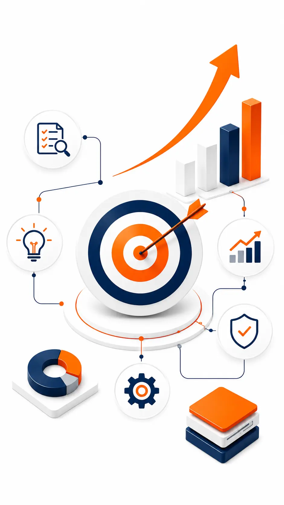 Isometric technology delivery illustration with target, analytics, and engineering icons