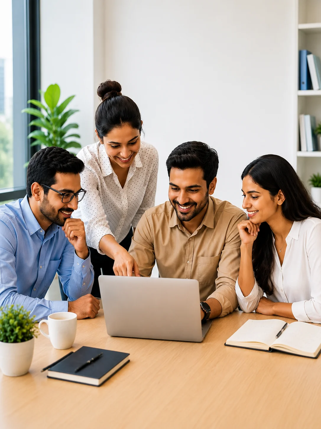 NebulaTech team collaborating around a laptop in a modern office